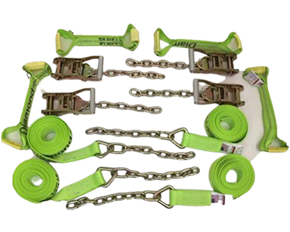 8 Point Heavy Duty Diamond Weave 18' Strap Kit for Rollback/Flatbed Tie Downs with 12" Chain Tail