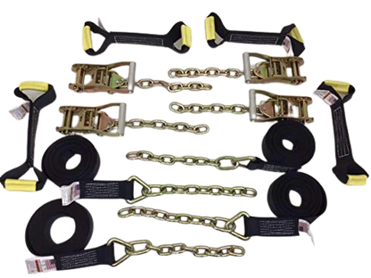 8 Point Heavy Duty Diamond Weave 18' Strap Kit for Rollback/Flatbed Tie Downs with 12" Chain Tail