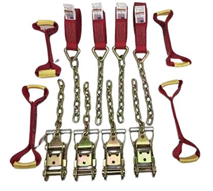 8 Point Heavy Duty Diamond Weave 18' Strap Kit for Rollback/Flatbed Tie Downs with 12" Chain Tail