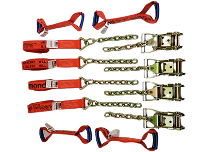 8 Point Heavy Duty Diamond Weave 18' Strap Kit for Rollback/Flatbed Tie Downs with 12" Chain Tail