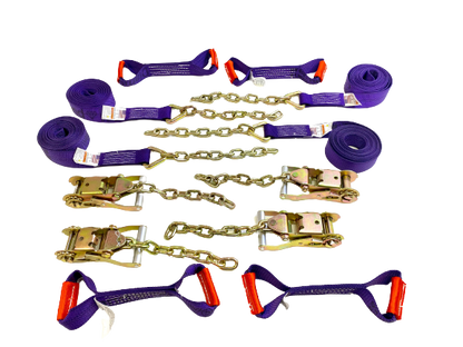 8 Point Heavy Duty Diamond Weave 18' Strap Kit for Rollback/Flatbed Tie Downs with 12" Chain Tail