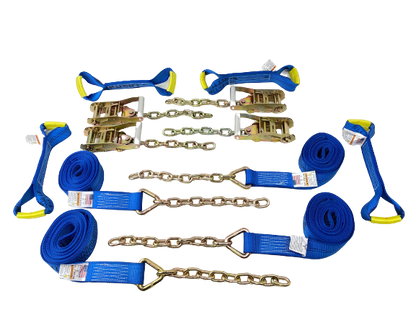 8 Point Heavy Duty Diamond Weave 18' Strap Kit for Rollback/Flatbed Tie Downs with 12" Chain Tail