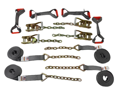 8 Point Heavy Duty Diamond Weave 18' Strap Kit for Rollback/Flatbed Tie Downs with 12" Chain Tail