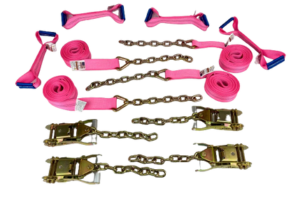 8 Point Heavy Duty Diamond Weave 18' Strap Kit for Rollback/Flatbed Tie Downs with 12" Chain Tail