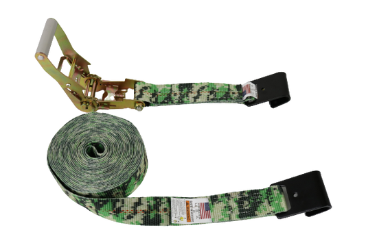 2" x 30' Green Camo Ratchet Strap with Flat Hooks