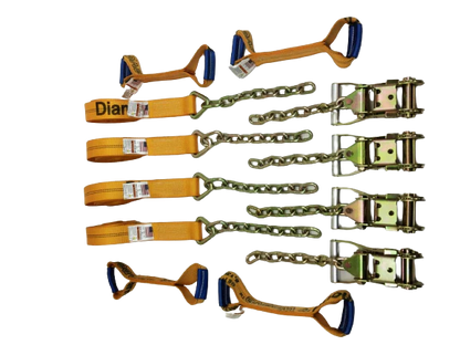 8 Point Heavy Duty Diamond Weave 18' Strap Kit for Rollback/Flatbed Tie Downs with 12" Chain Tail