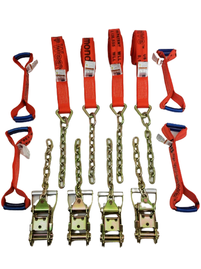 8 Point Heavy Duty Diamond Weave 18' Strap Kit for Rollback/Flatbed Tie Downs with 12" Chain Tail