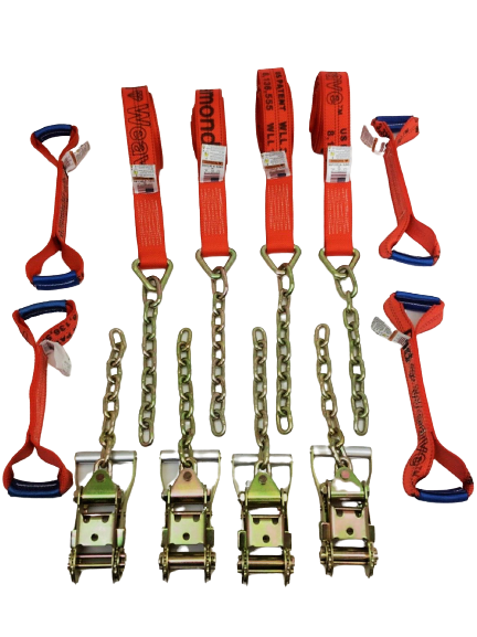 8 Point Heavy Duty Diamond Weave 18' Strap Kit for Rollback/Flatbed Tie Downs with 12" Chain Tail